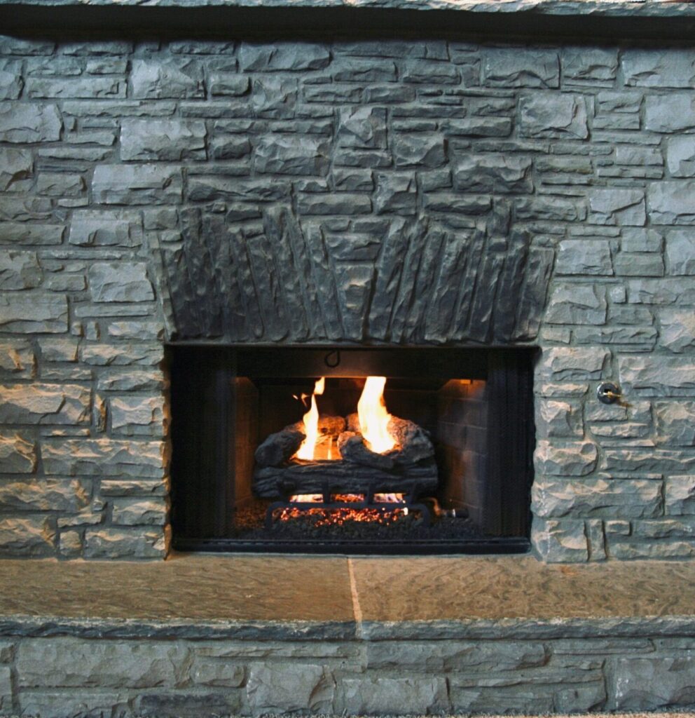 Chopped blue Oklahoma lime stone fireplace
